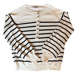 Collection by Cezele Womens Striped Henley Sweater Balloon Sleeve Cream Black M
